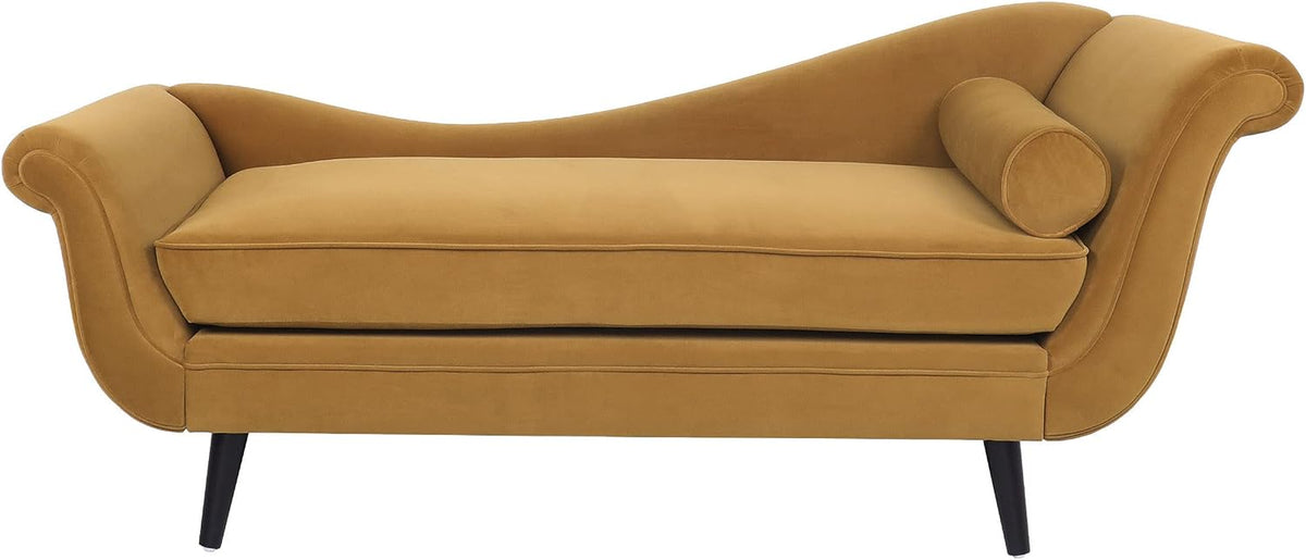 Front view of a mustard-yellow velvet chaise with curved back, single seat cushion and bolster pillow.