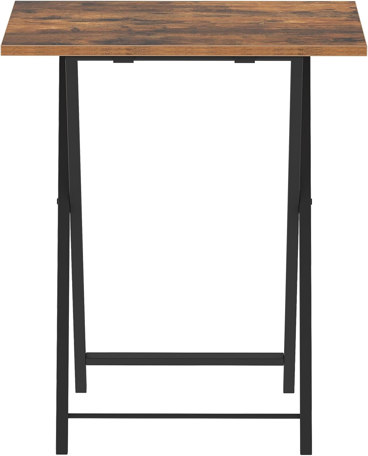Front view of a single tray table showing rectangular particleboard top and black metal legs with foot bar