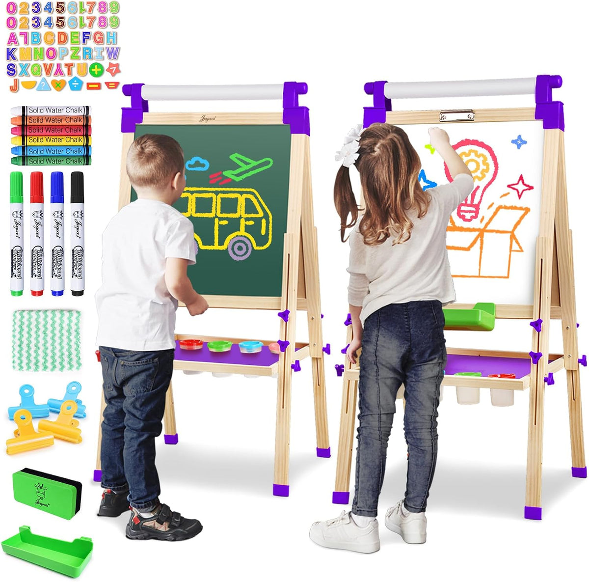 Two children use a wooden double-sided easel—one drawing on a green chalkboard, the other on a whiteboard—plus markers and