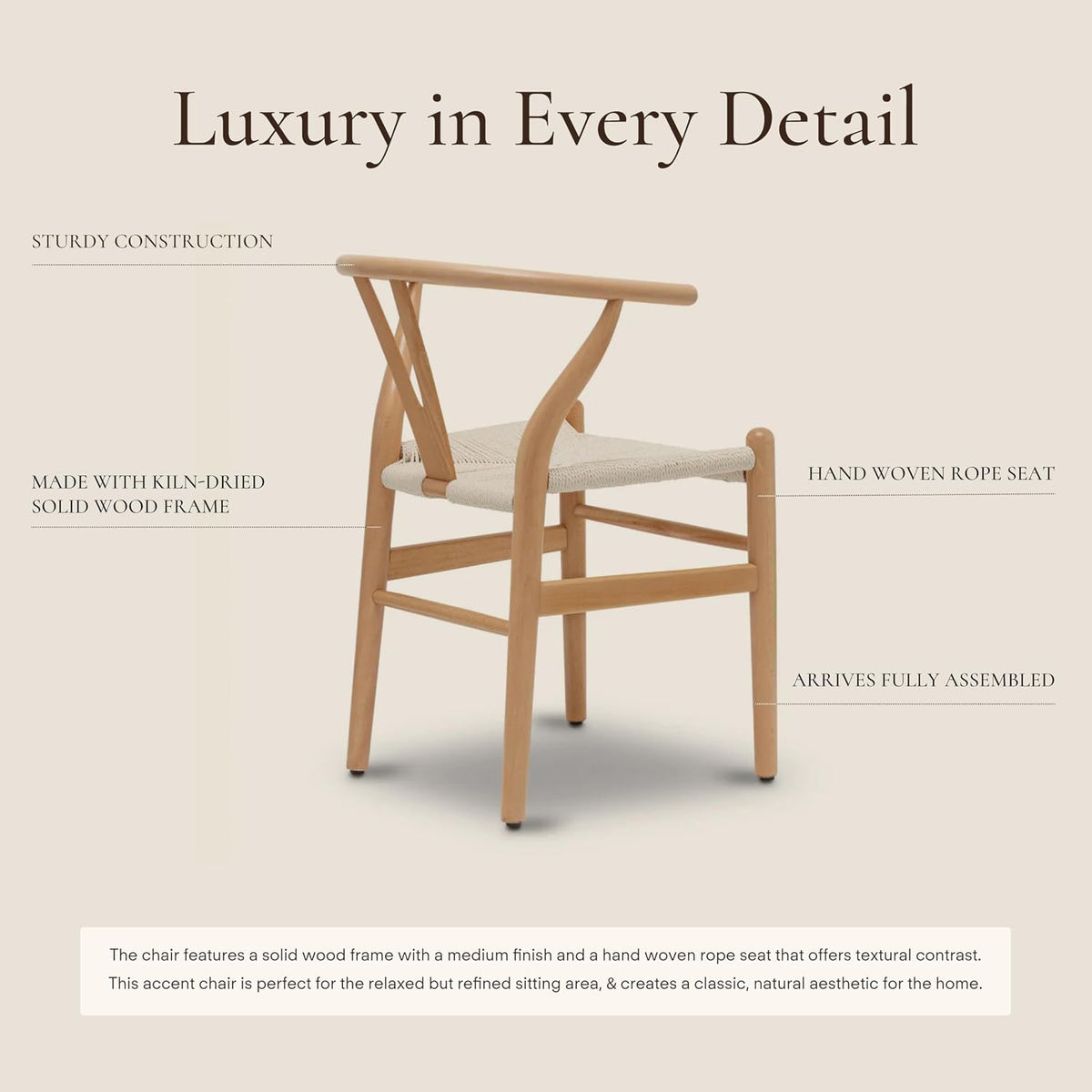 Side-back view of oak dining chair on a beige background highlighting the curved back and hand-woven rope seat