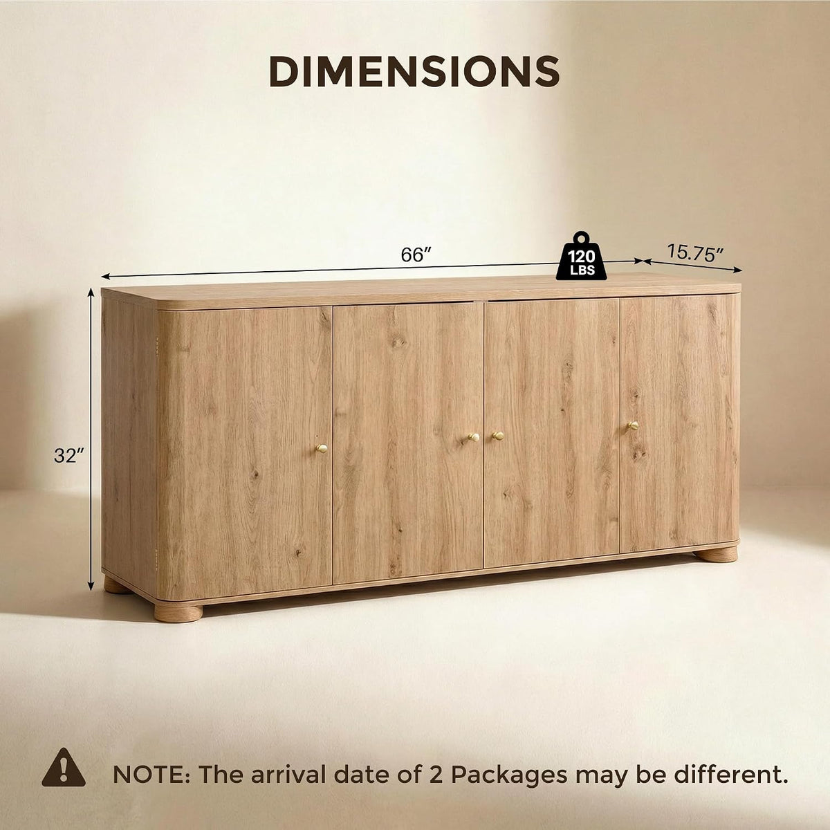 Side-angle view of sideboard with dimension overlay showing 66" width, 15.75" depth and 32" height.