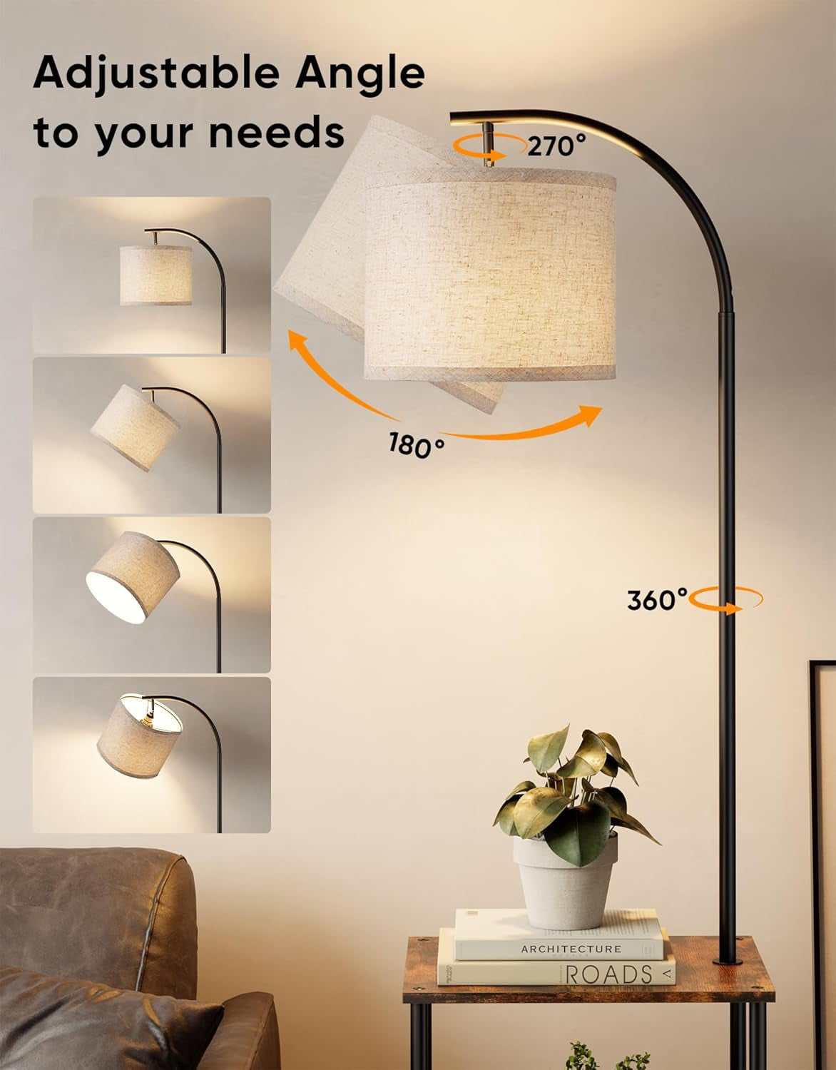 Graphic showing adjustable lamp head angles and rotation options for directed lighting