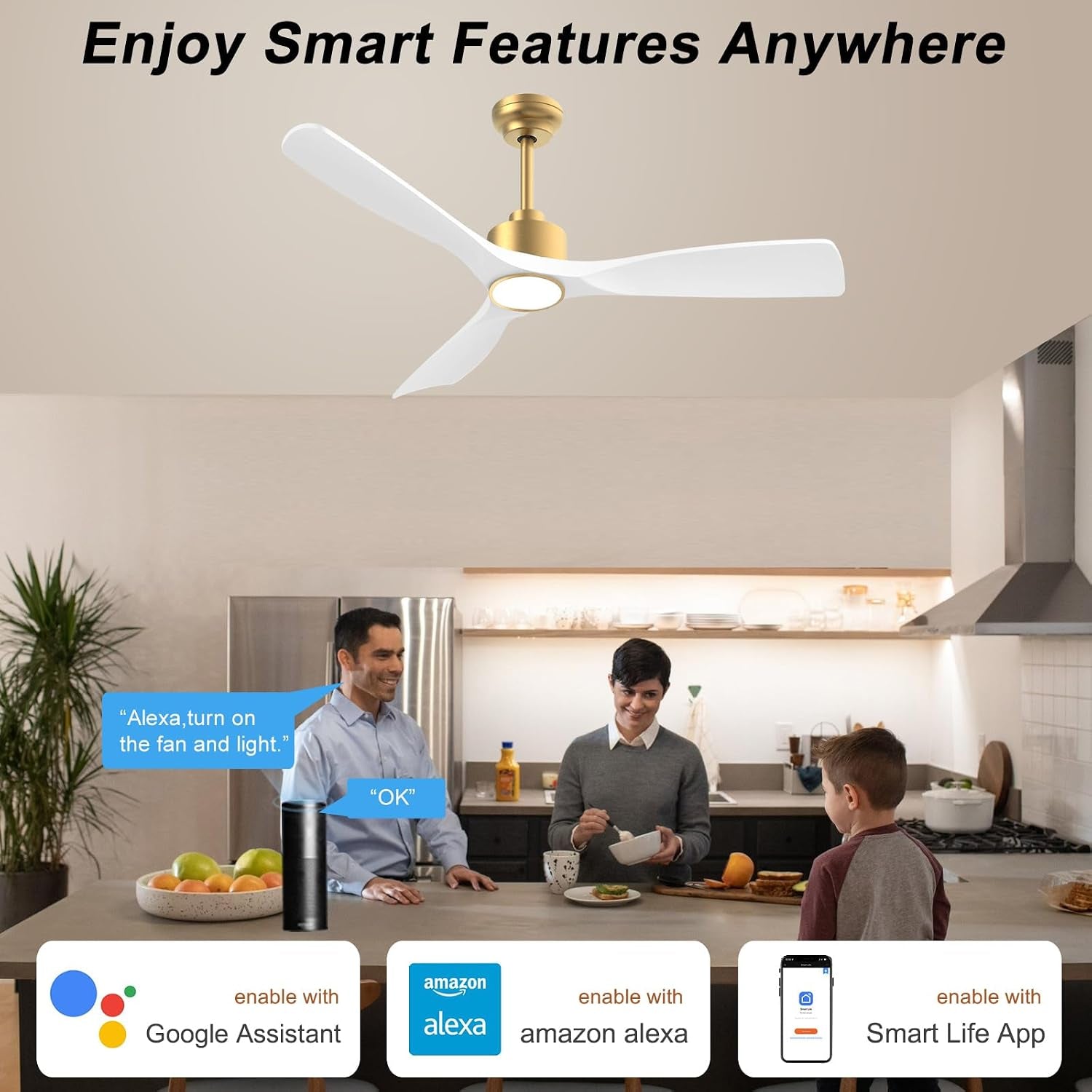 White and gold ceiling fan installed in a kitchen with family, showing voice control and app icons