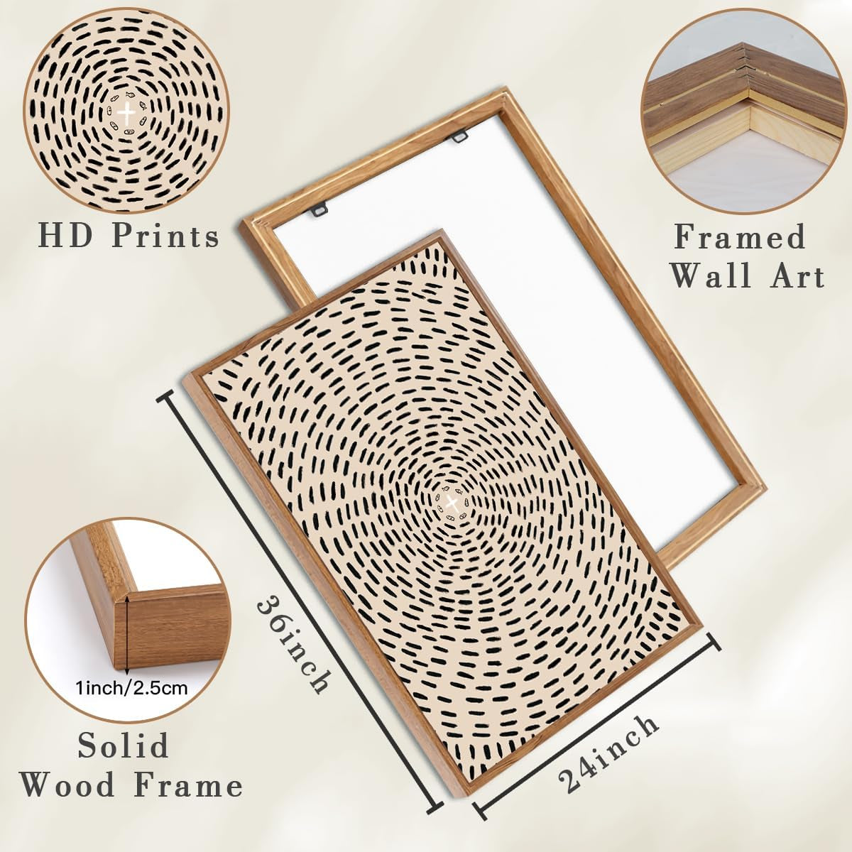 Two framed prints shown flat with a close-up of wood frame corners and measurement arrows on a neutral background.