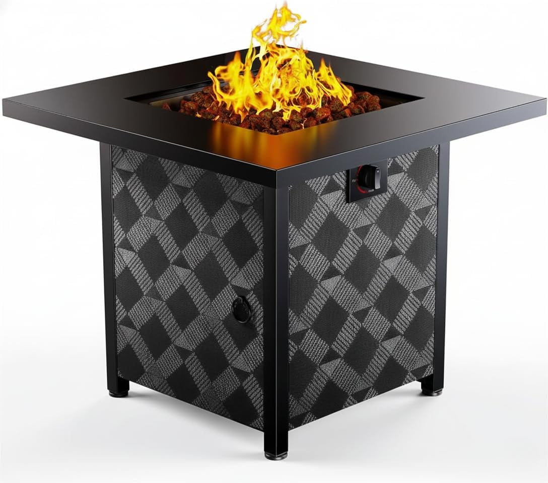 Square black outdoor fire pit table with flaming lava rocks and diamond-patterned side panels.