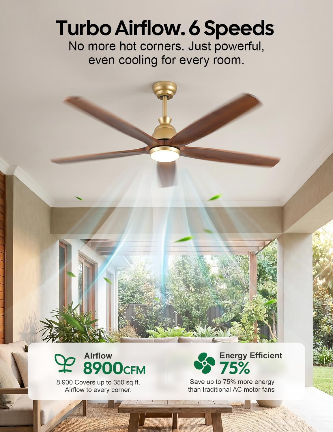 Gold and walnut ceiling fan overhead with illustrated airflow stream shown in a covered patio environment