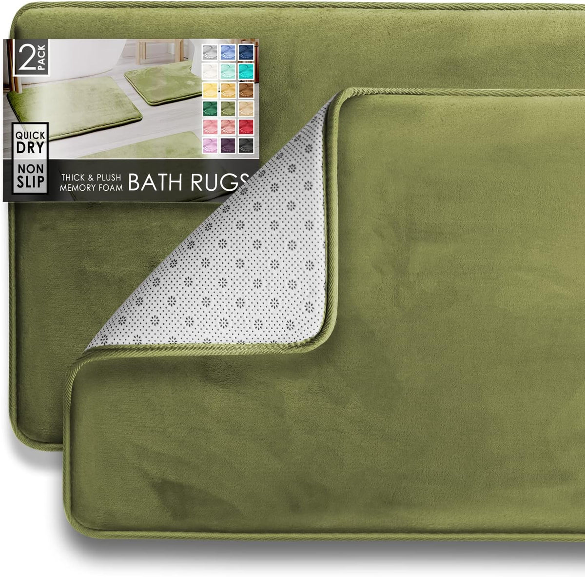 Two overlapping olive-green rectangular mats with a top corner folded to show the dotted white non-slip backing.