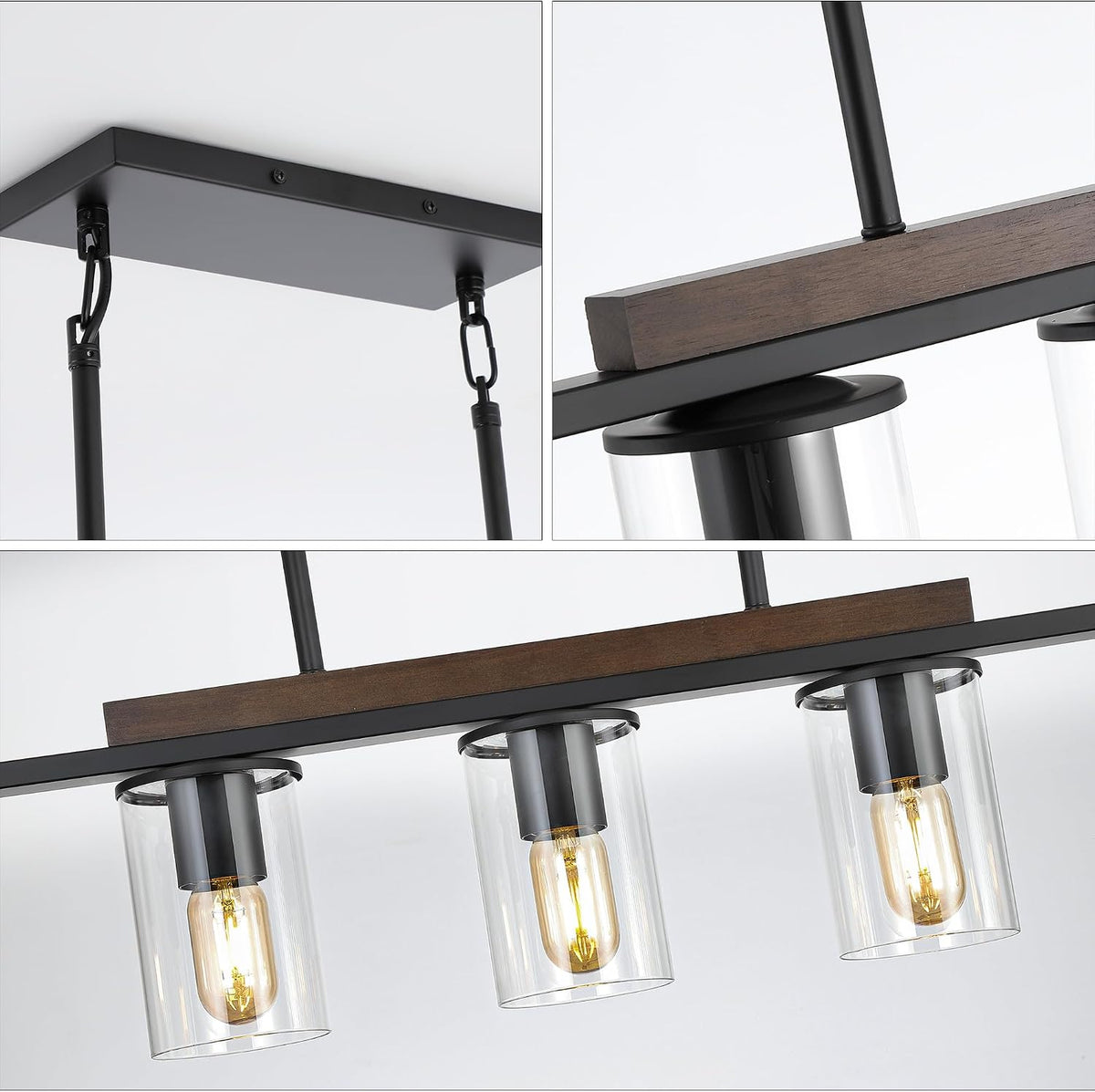 Detail close-ups showing black mounting canopy, chains, and wood-accented bar on the linear chandelier