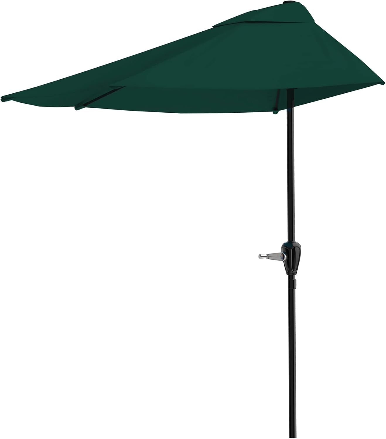 Side view of a deep green half-round patio umbrella open on a black pole, showing the vented top and underside ribs.