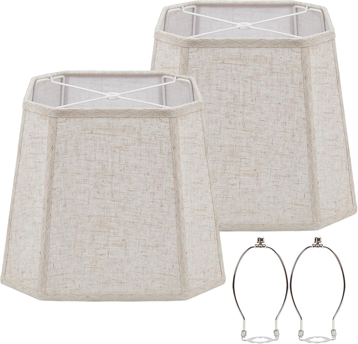 Two hexagonal light-beige linen-look shades with visible white spider frames and chrome harps at the bottom