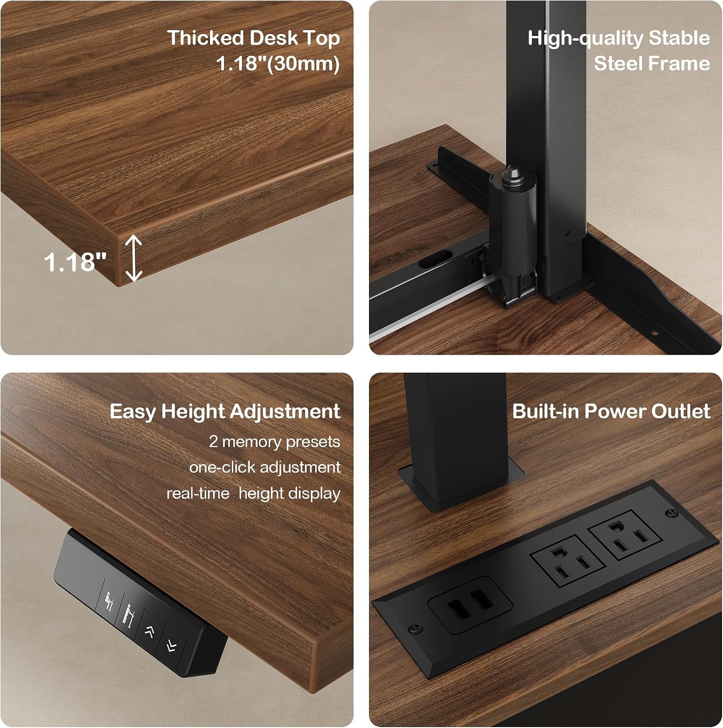 Collage close-ups showing 1.18" thick desktop, steel lift frame, control panel with memory buttons and AC/USB outlet