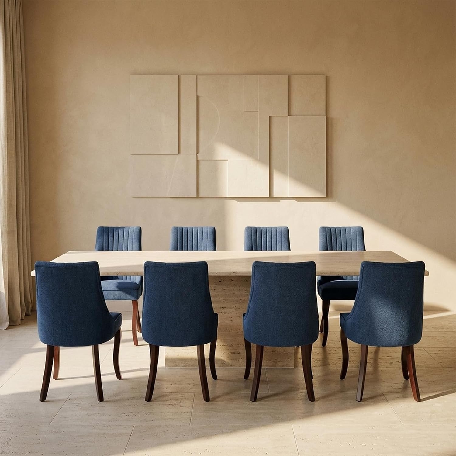 Eight blue upholstered chairs with dark wood legs arranged around a rectangular dining table