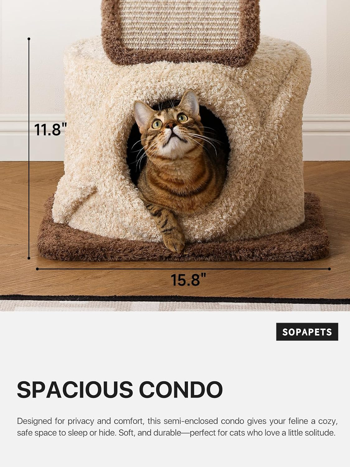 Cream-colored semi-enclosed hideaway condo with circular entrance and a cat peeking out on a brown base