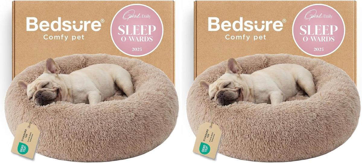 Two boxed pet beds shown side-by-side, each pictured with a sleeping fawn bulldog on the bed image
