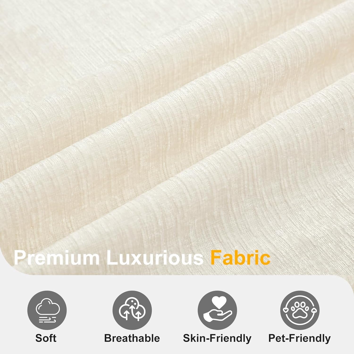 Close-up of cream textured upholstery fabric folded to show weave and slight sheen.