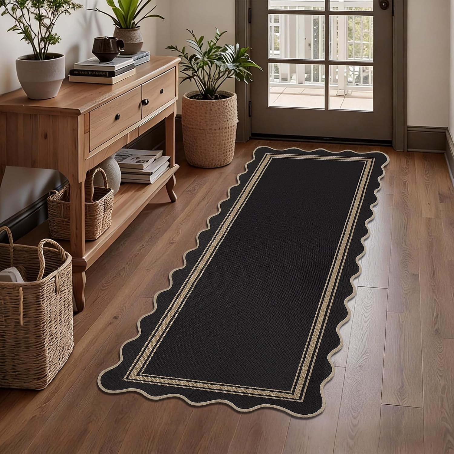 Zeeinx 5x7 Scalloped Rug Easy Jute Washable Outdoor Patio Rug | Indoor Outdoor Black Geometric Neutral, gallery view 11