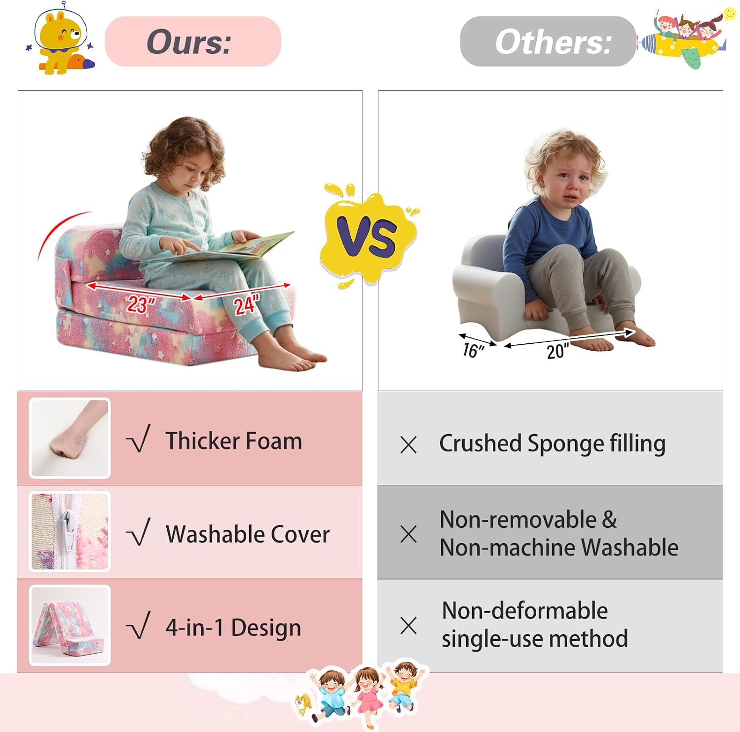 Side-by-side comparison: child sitting on the thicker pastel foldable sofa versus a smaller plain foam chair with dimension