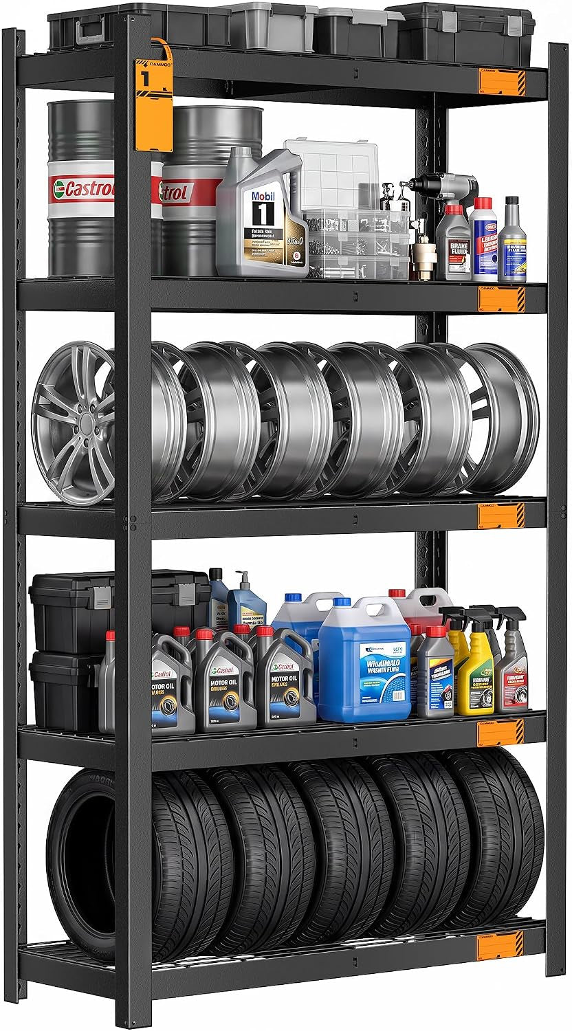 Black 5-tier wire storage shelf loaded with tires, oil containers, and storage bins, front view.