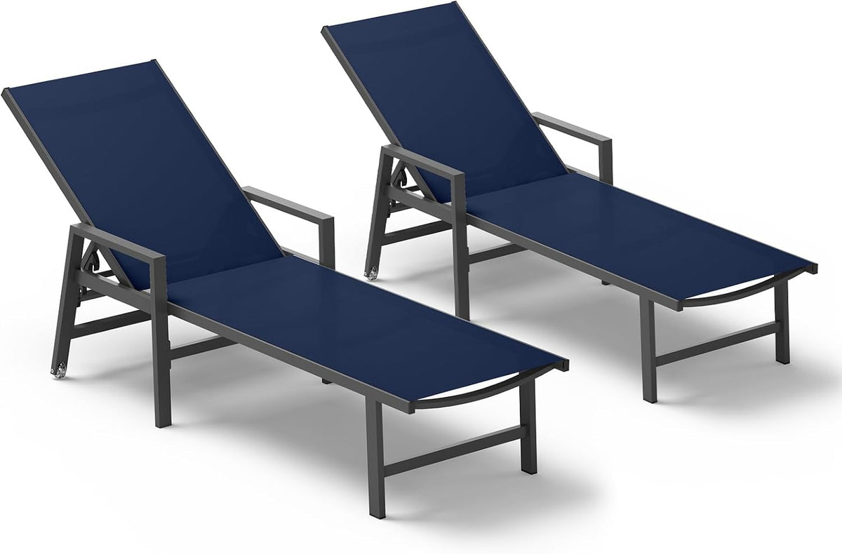Two navy-blue Textilene chaise lounges on white background shown from a slightly elevated front-right angle.