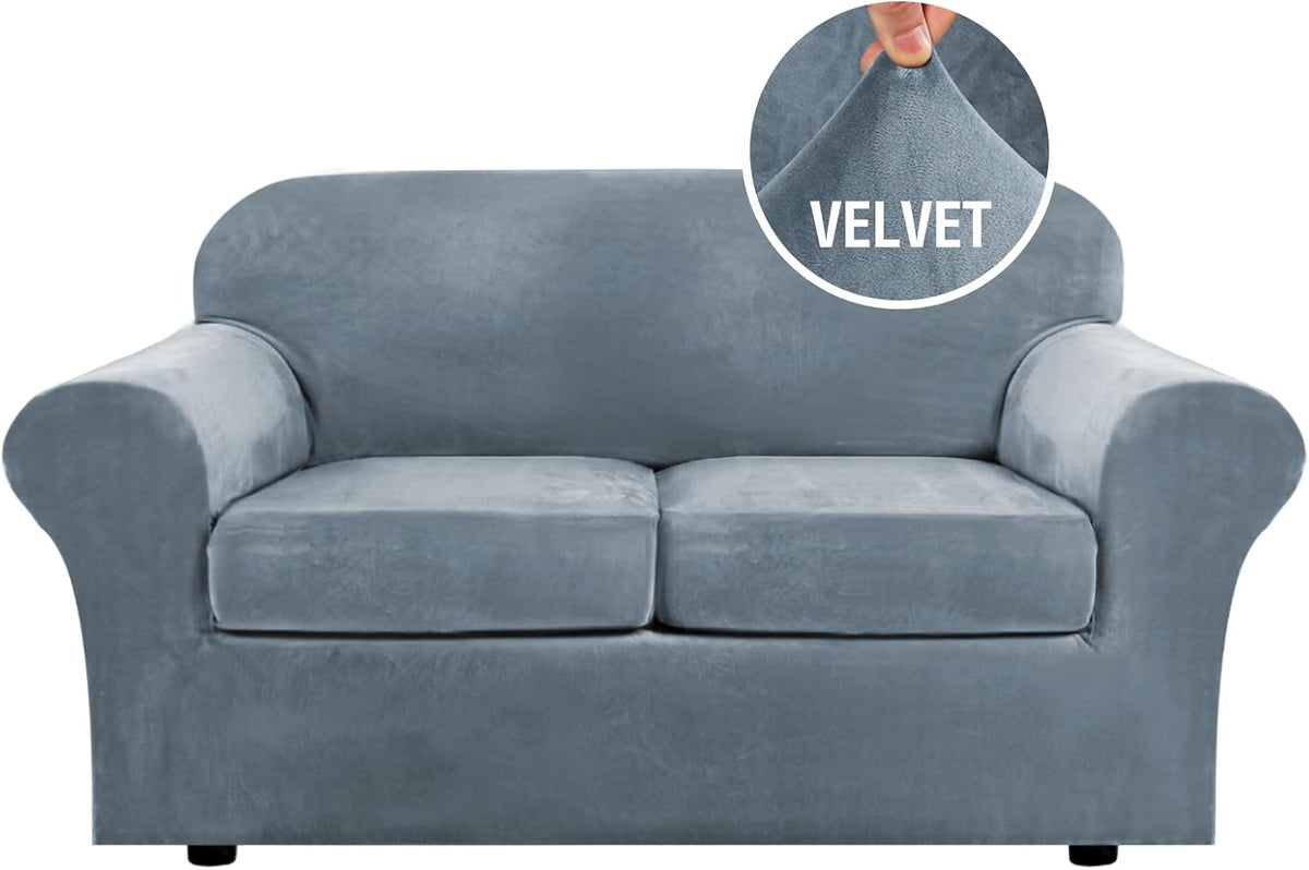 Front view of a two-seat sofa in light slate-blue velvet slipcover with a round fabric close-up inset at top right.
