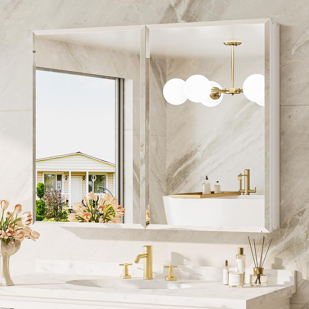 Two matching recessed mirrored cabinets installed side-by-side above a double-sink vanity with gold fixtures.
