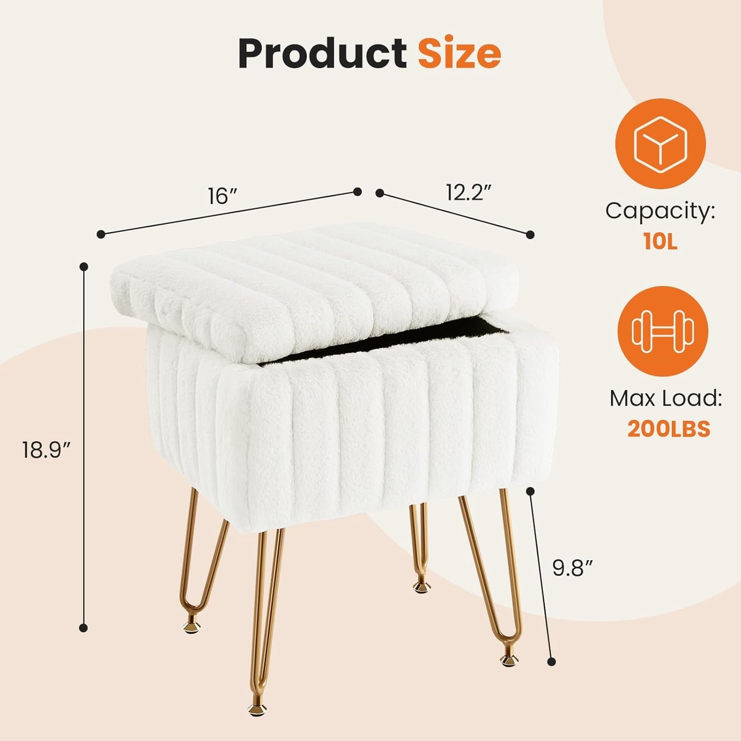 Product size diagram of the white storage stool showing measurement lines and icons on a beige background