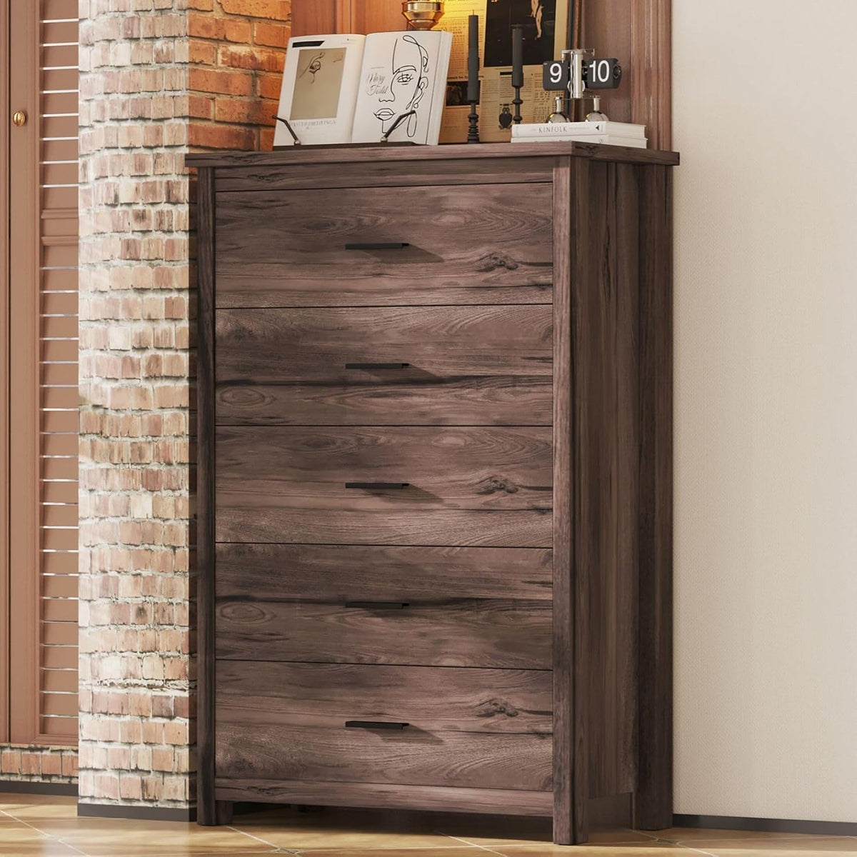 Tall chest of drawers in dark walnut finish shown angled against a wall with horizontal black handles