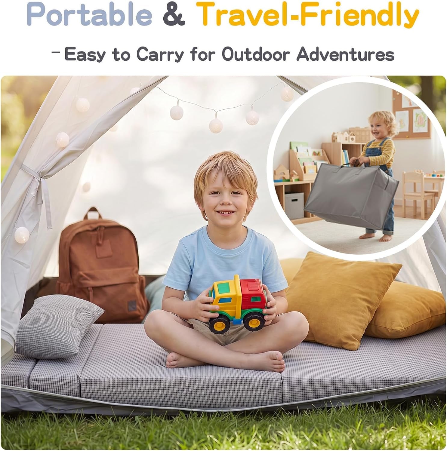 Child sitting on a folded gray check mattress inside a small tent, toy truck in hands; inset shows a toddler carrying the