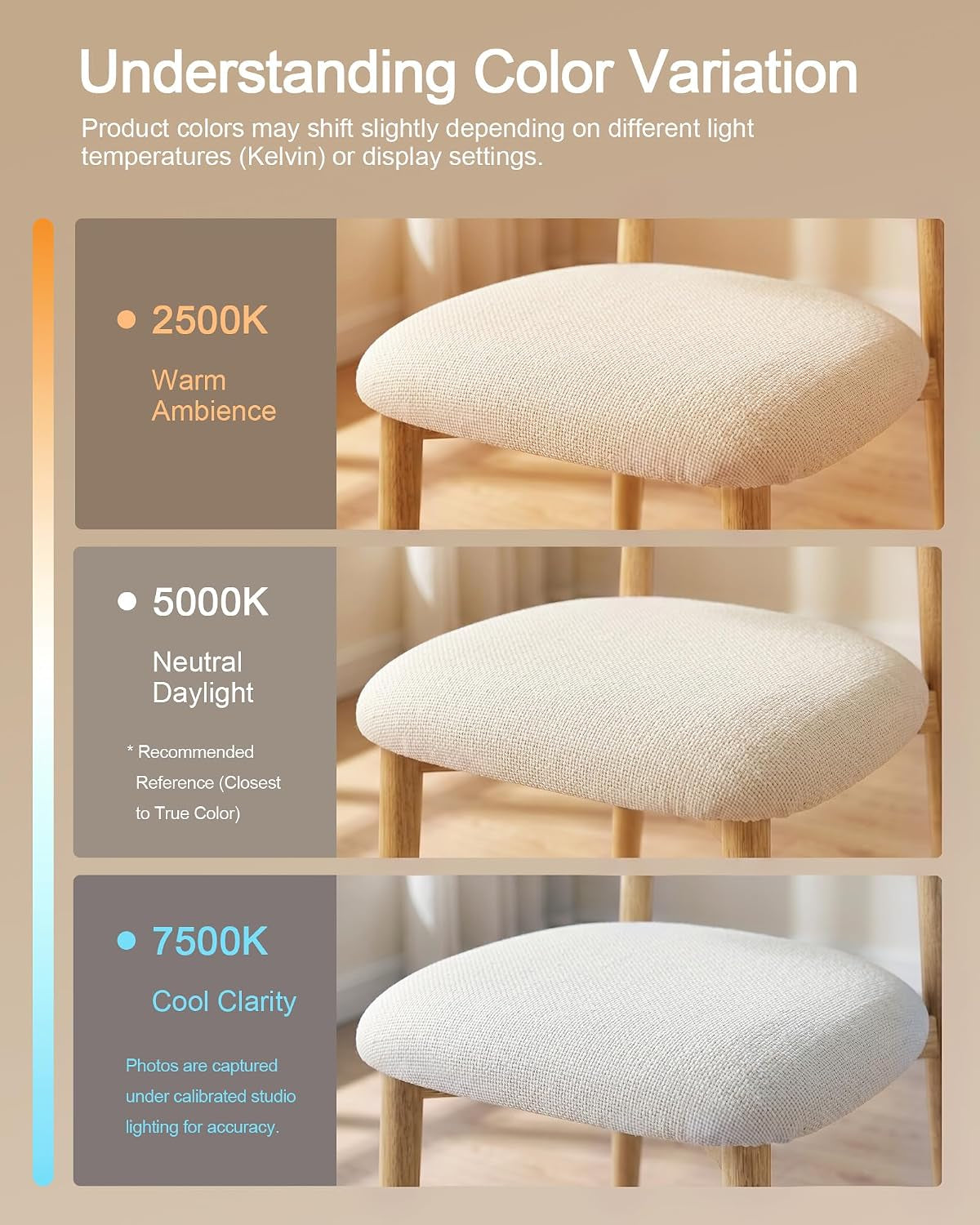 Three close-up views of the stool seat showing how fabric color appears under warm, neutral, and cool lighting.