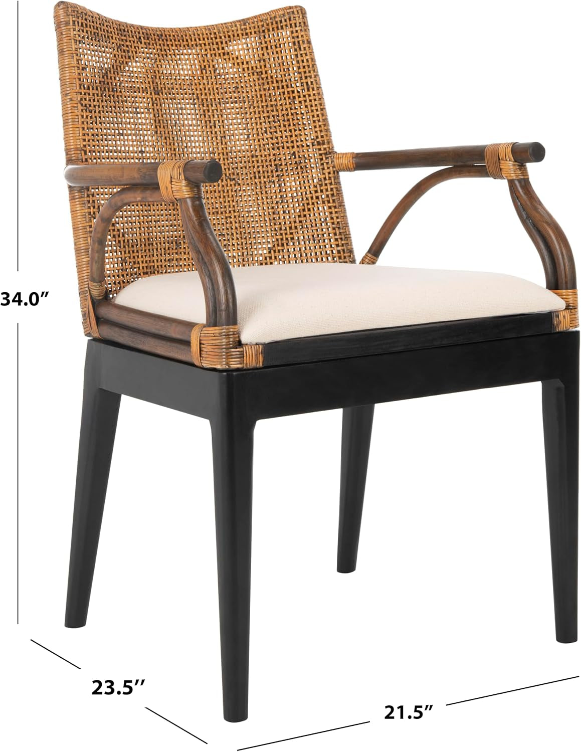 Rattan arm chair with dimension overlays showing 21.5" width, 23.5" depth, 34" height