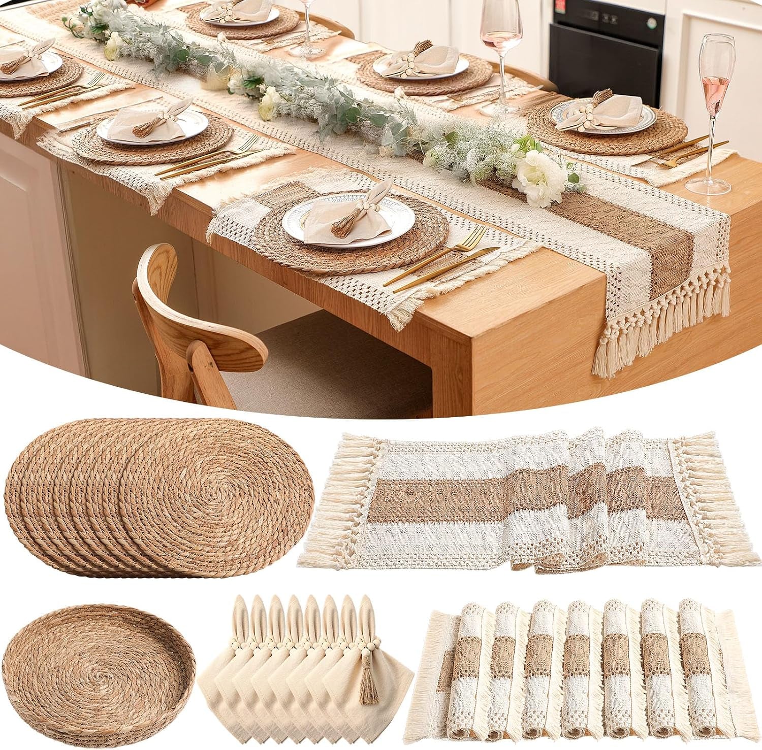 Wood dining table set with khaki-striped woven runner, round seagrass placemats and napkins with tassel rings