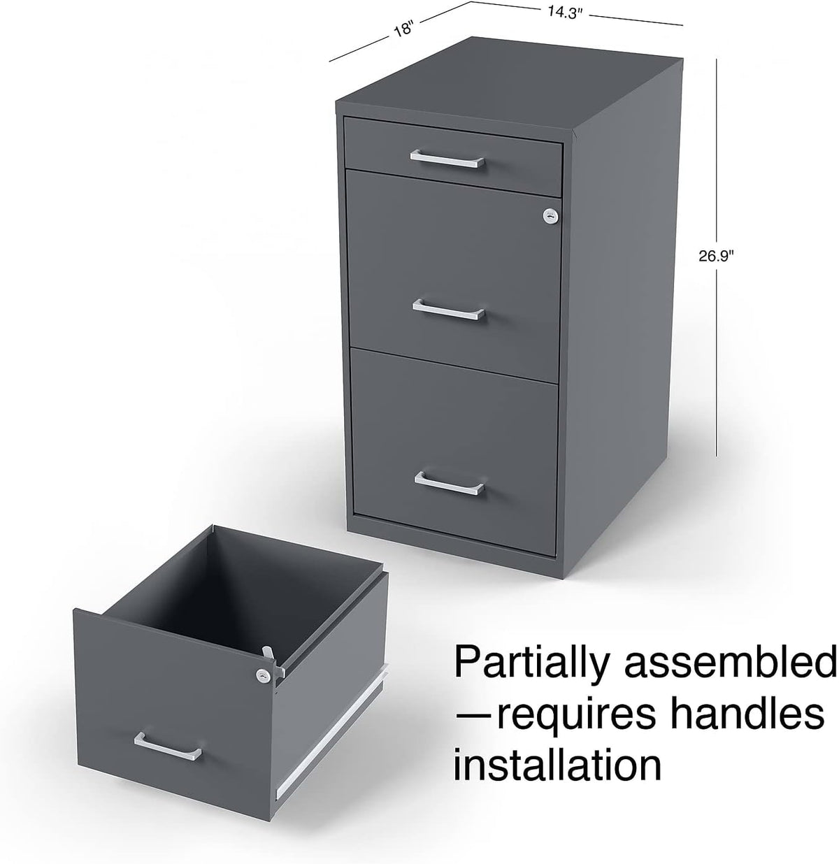 Charcoal file cabinet with dimensions overlay and a removed drawer shown beside unit with 'Partially assembled' text