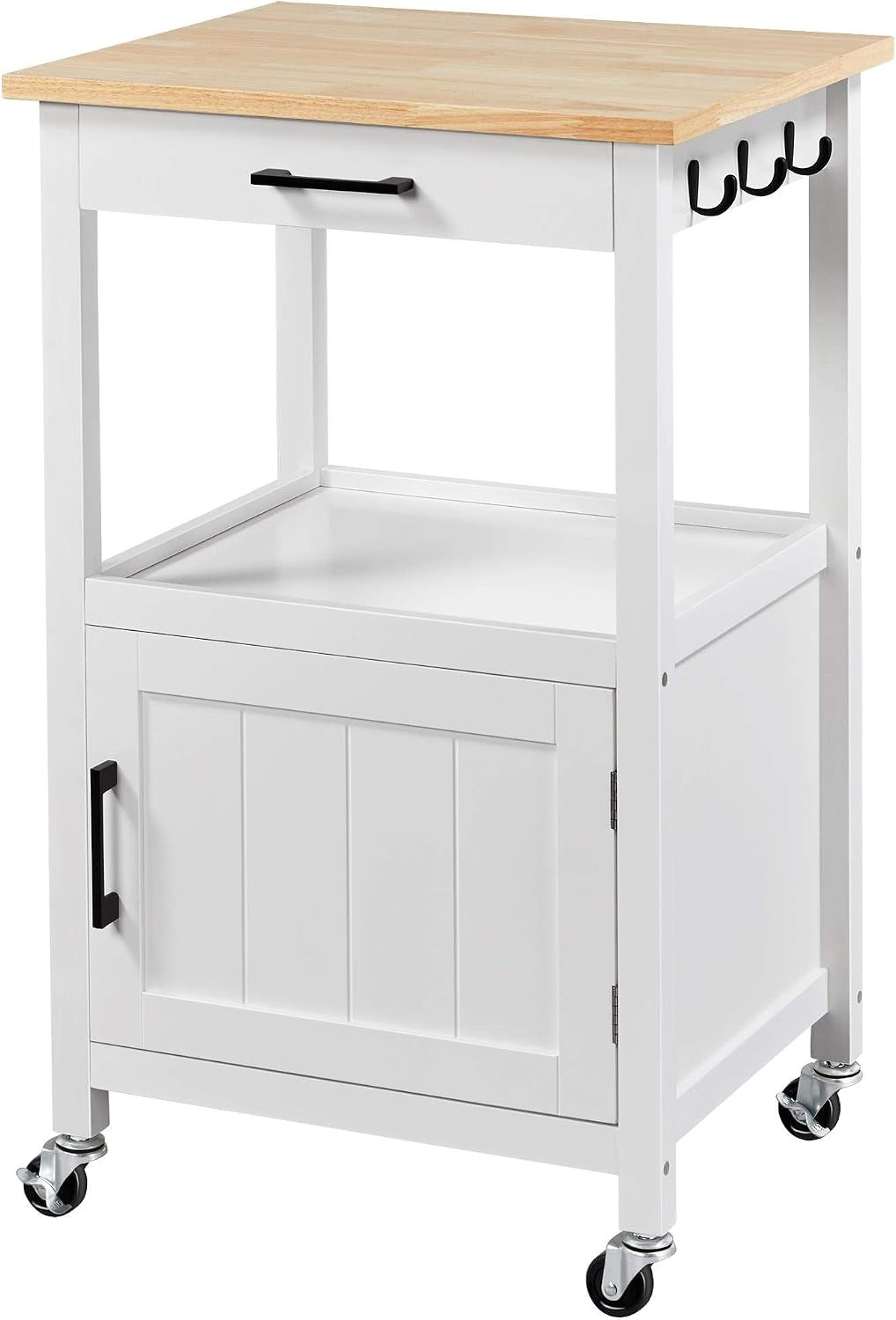 White compact rolling kitchen cart with wood-grain top angled front view on plain background
