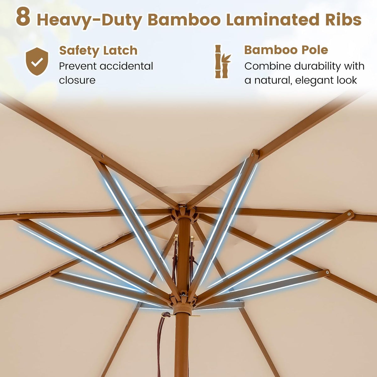 Underside view of umbrella showing eight bamboo-laminated ribs and the central hub