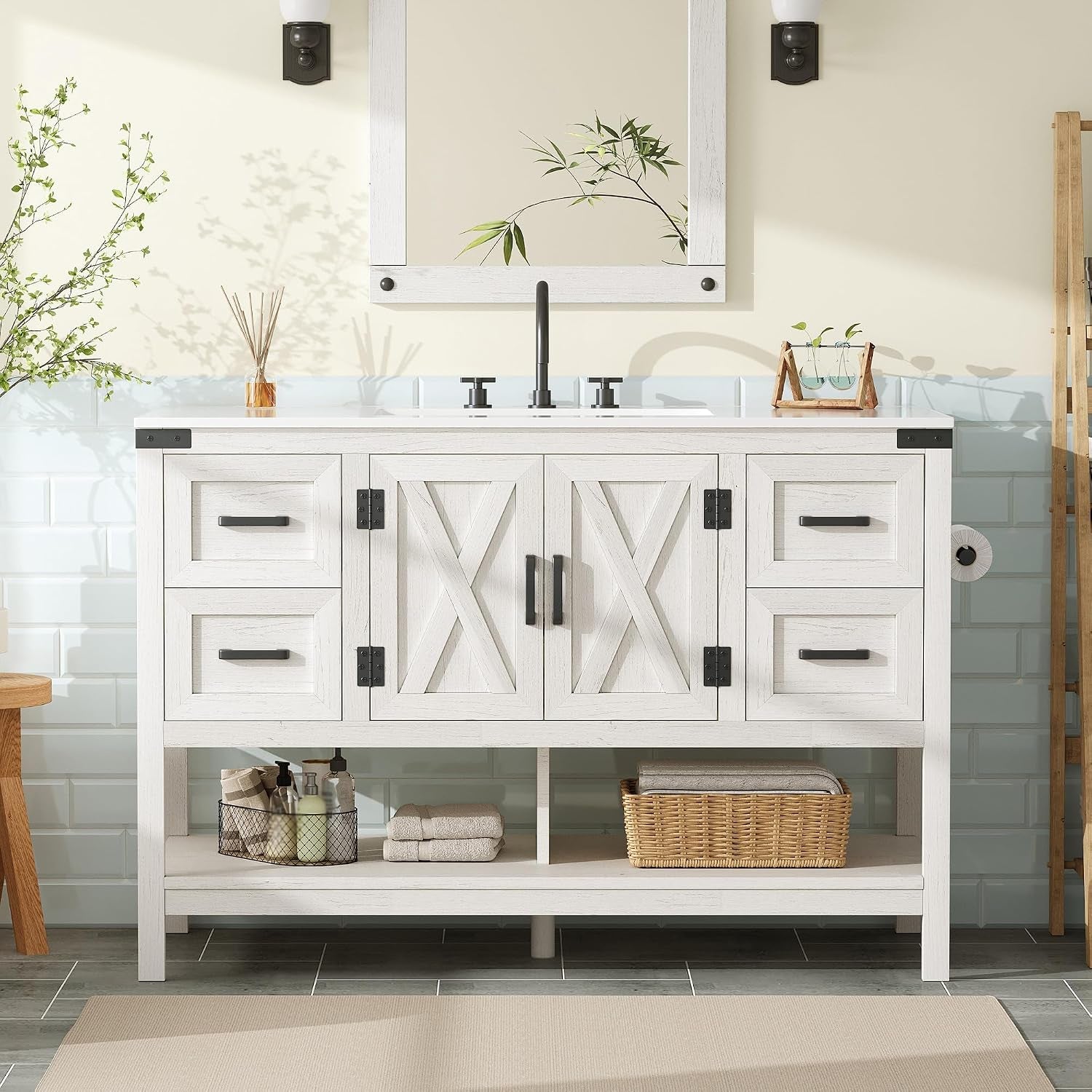 White farmhouse bathroom vanity front view with integrated sink and open lower shelf