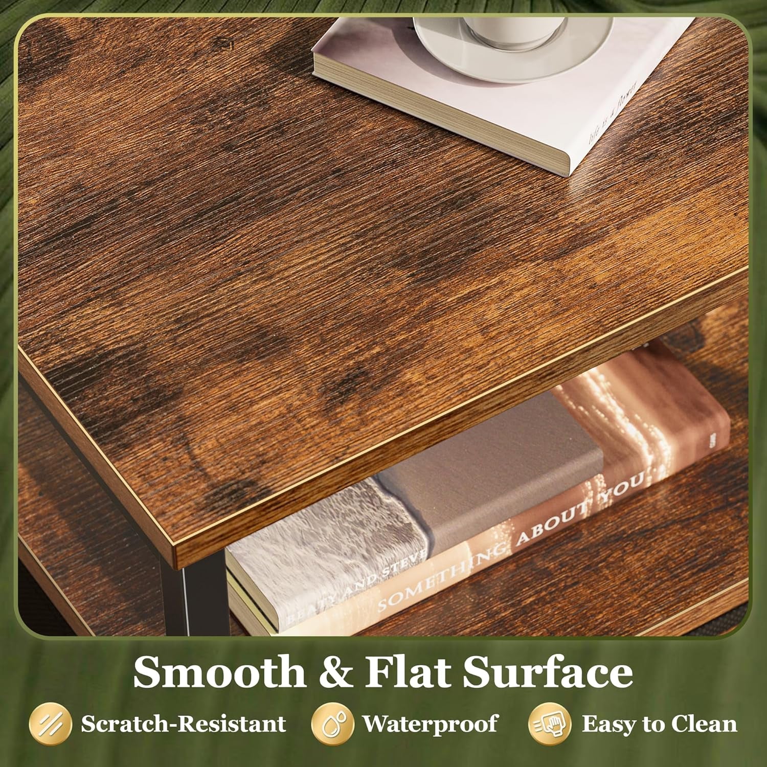 Close-up of a wood-grain bedside table top and the open shelf below with a book.