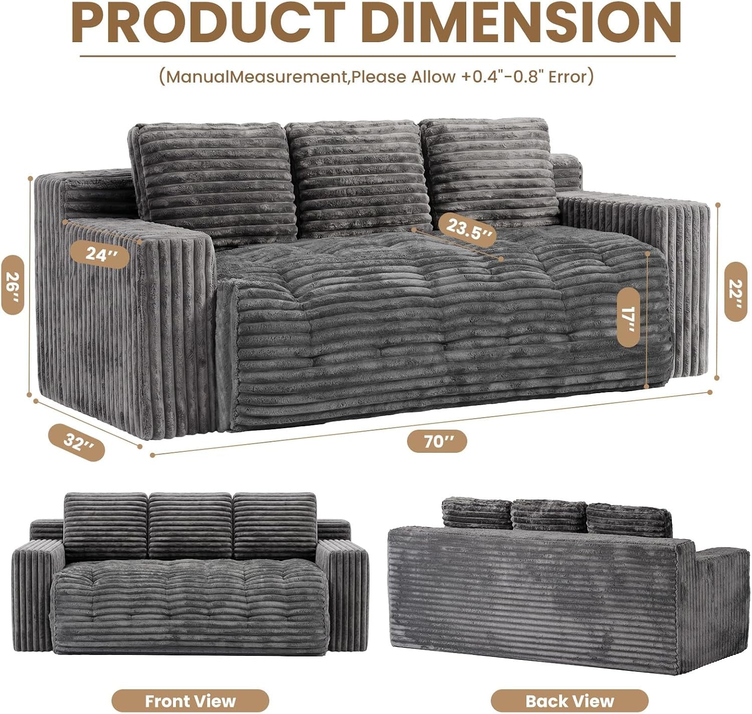 70” Boneless Couch, 3 Seater Sofa Couch with Extra Deep Seats 3 Pillows,Corduroy Modern Small Couch for Living Room, Office, Bedroom, Apartment,Grey