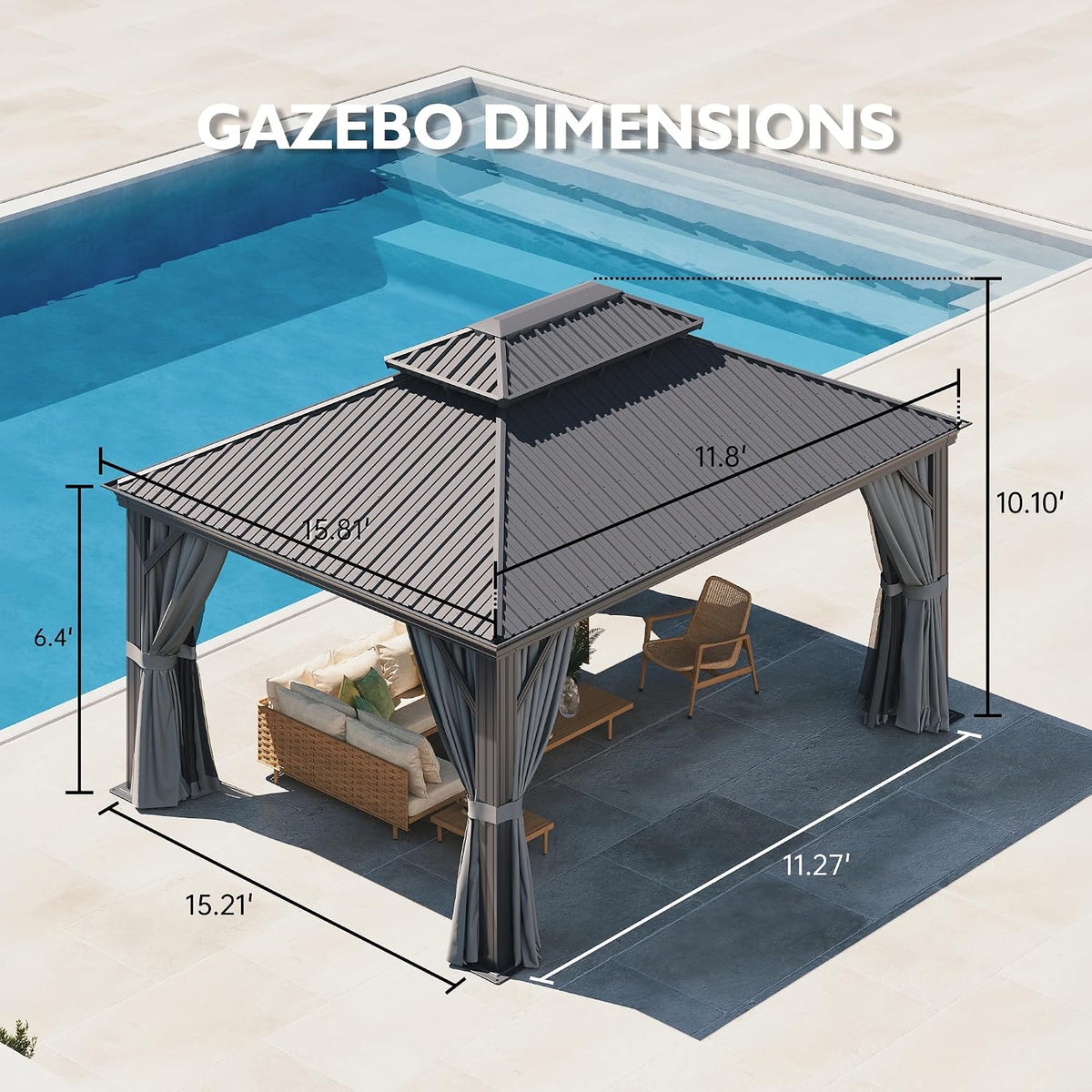 Isometric rendering of the gazebo next to a pool with drawn measurement lines indicating footprint and height.
