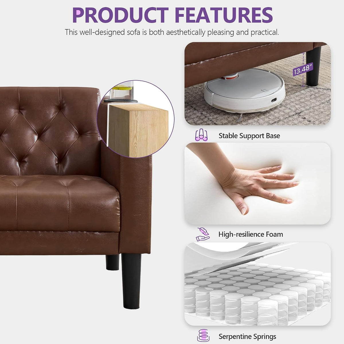 Close view of brown loveseat arm and leg with insets showing foam hand-press and spring support graphics.