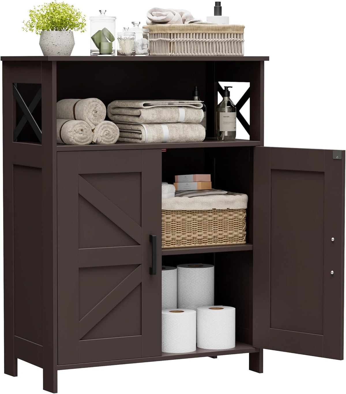 Dark brown finish cabinet with one door open revealing interior shelf holding a basket and rolls of toilet paper