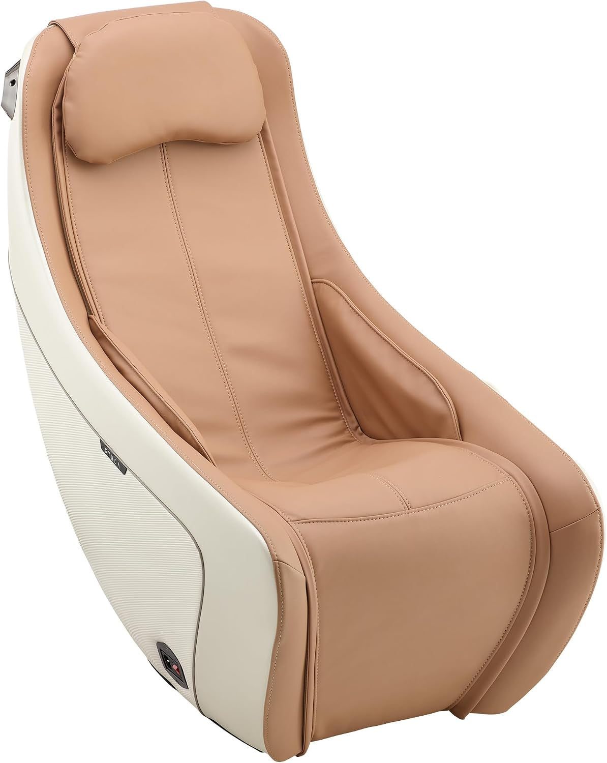 Beige massage chair angled front view showing curved white shell and tan upholstery