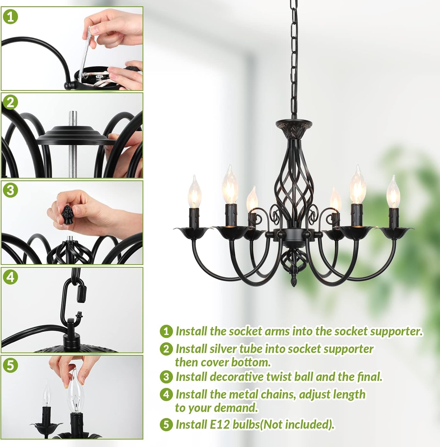 Step-by-step installation montage showing socket arm assembly, decorative final, chain attachment, and bulb installation