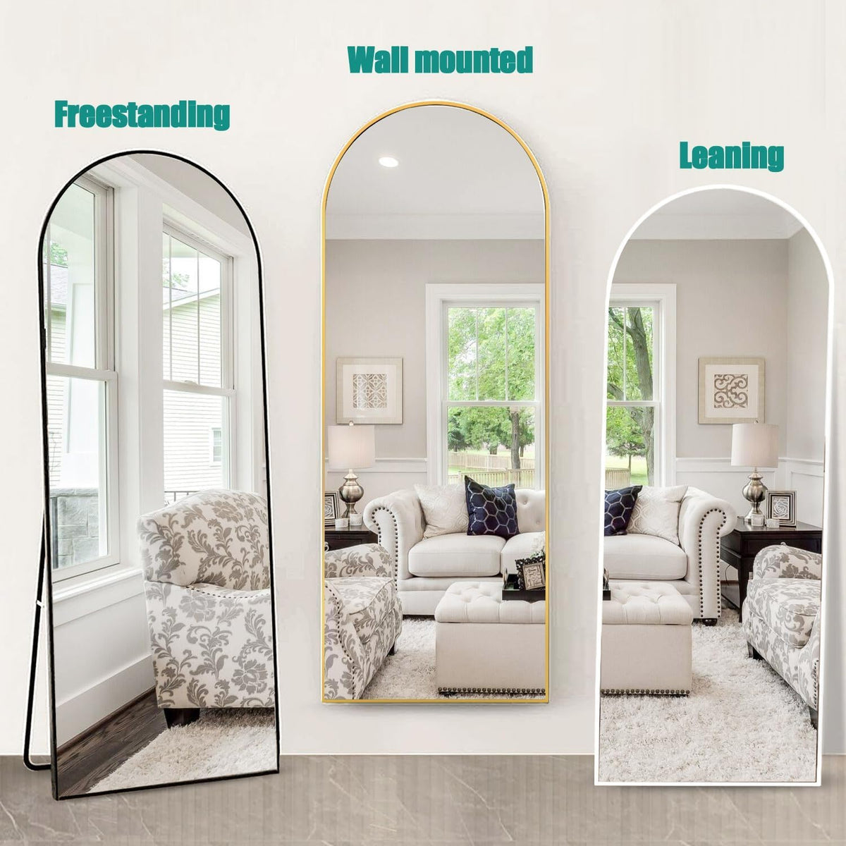 Three arched mirrors showing freestanding, wall-mounted and leaning installations in black, gold, and white frames.