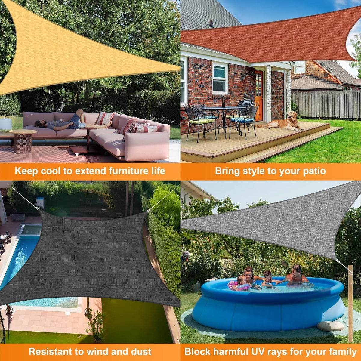 Four-panel collage showing shade sails in different colors and outdoor settings including patio seating and a backyard pool