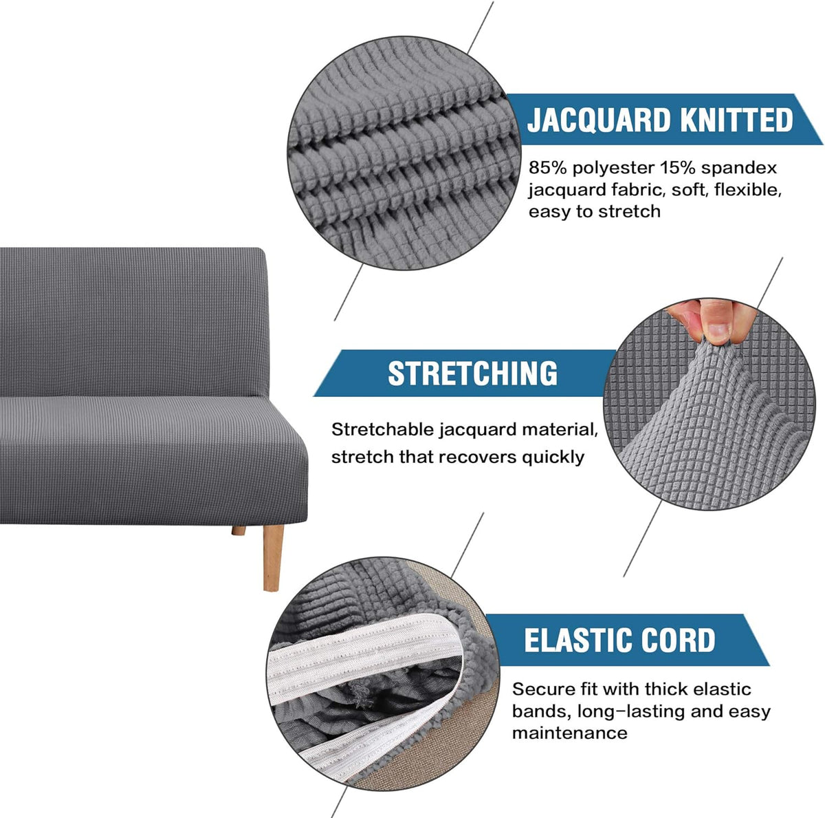 Graphic layout showing grey fabric close-ups, jacquard knit detail and elastic cord for secure fit