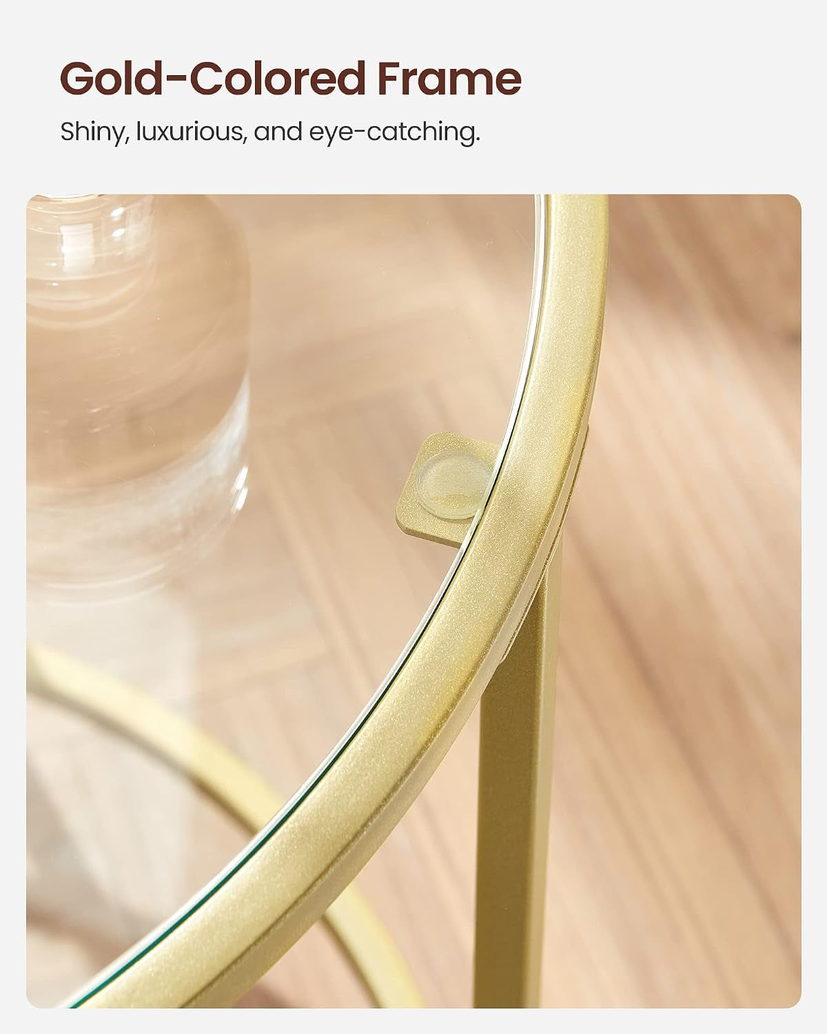Close-up of the gold-colored frame rim and the glass inset showing frame detail and rubber support