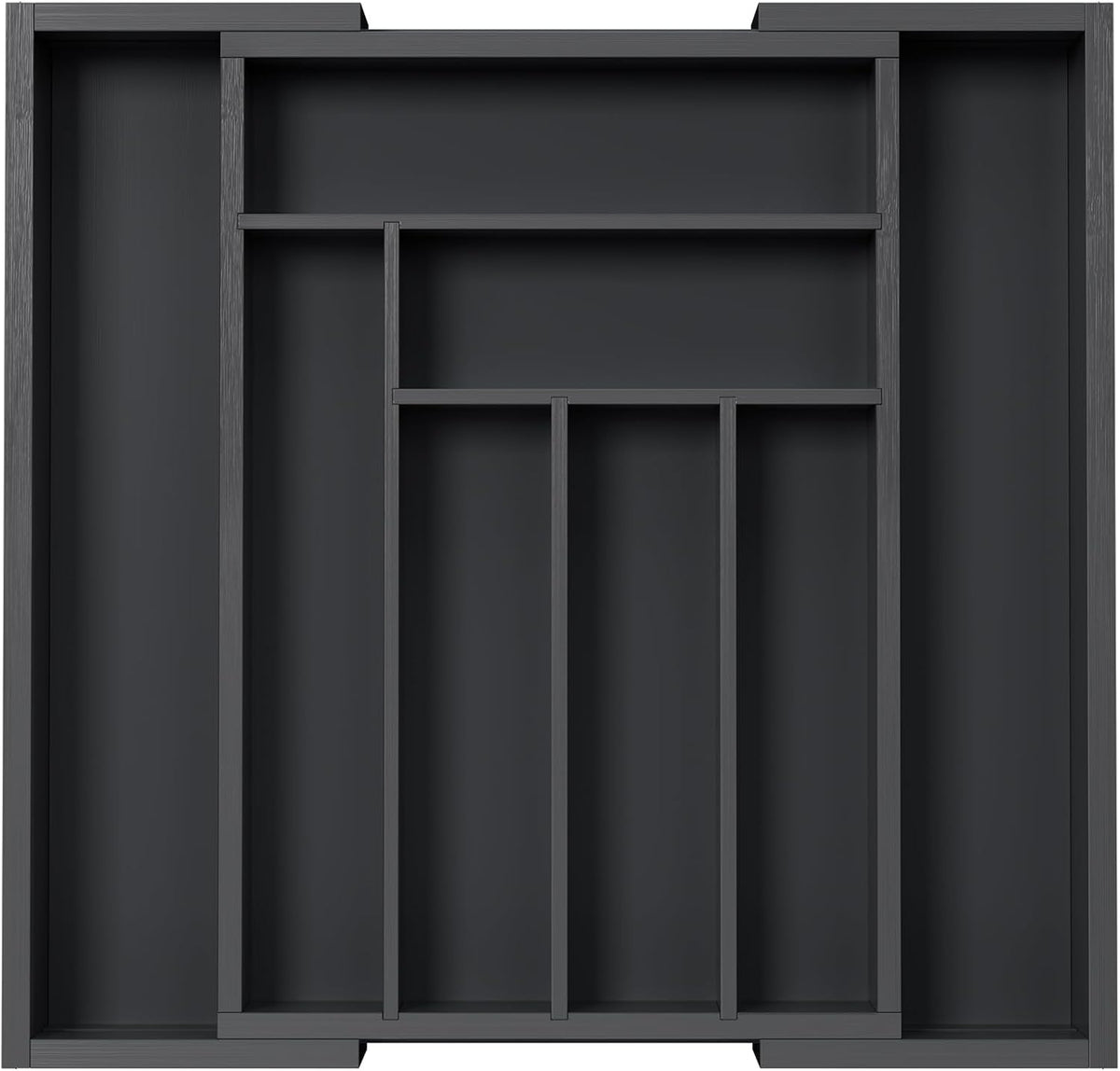 Overhead view of the organizer in dark gray showing five narrow utensil compartments.