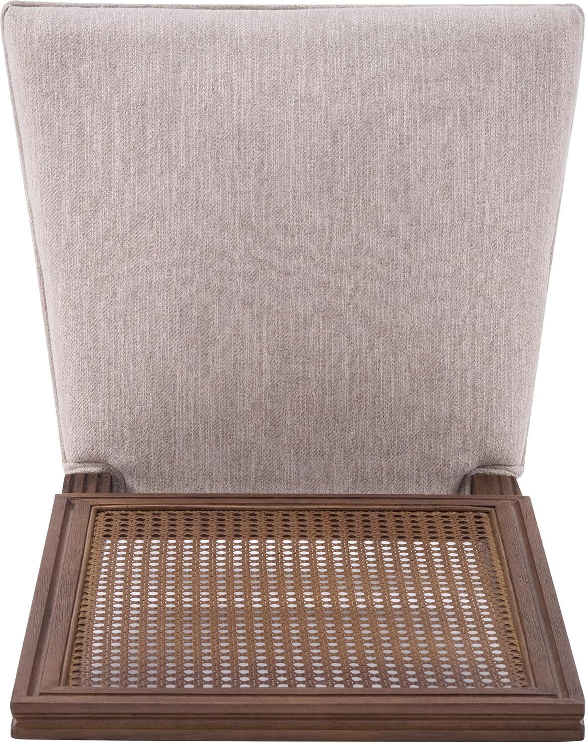 Top-down view showing the upholstered chair back and the framed handwoven cane seat