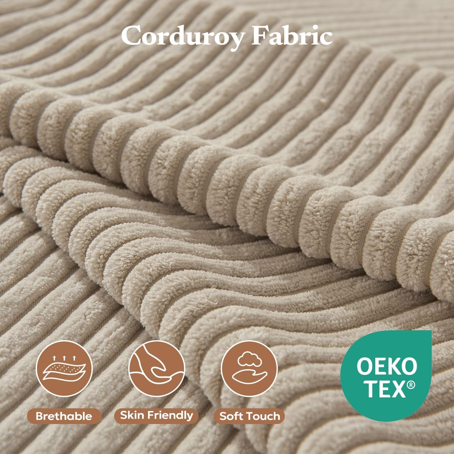 Close-up of ribbed corduroy fabric folded to show soft texture and raised wales.