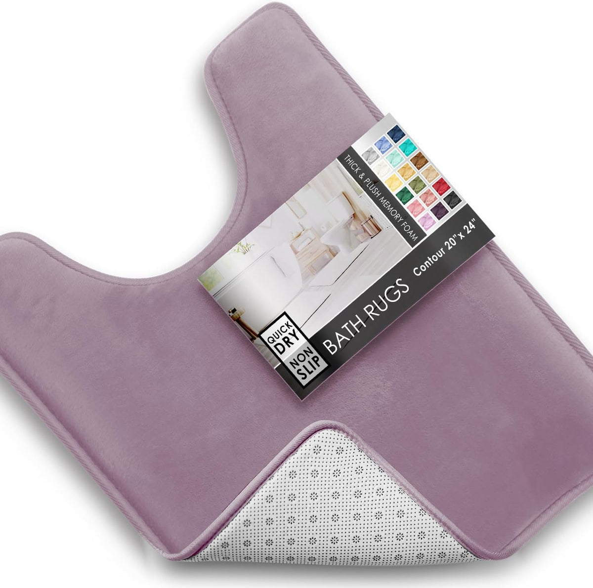 Top view of a lavender U-shaped contour bath mat with corner flipped to show dotted non-slip underside